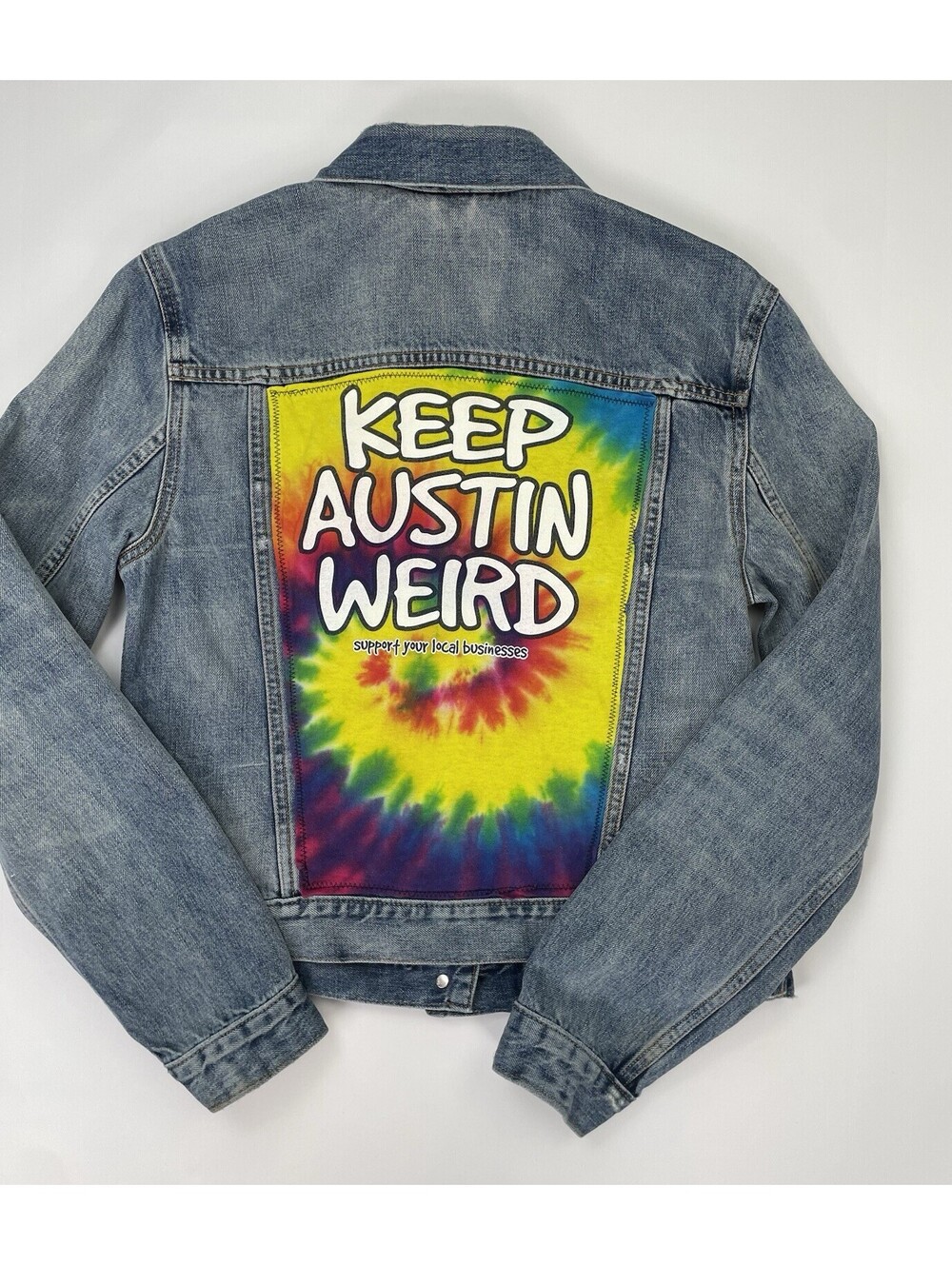 GAP Distressed Keep Austin Weird Customized Denim Jacket Size L Austin TX